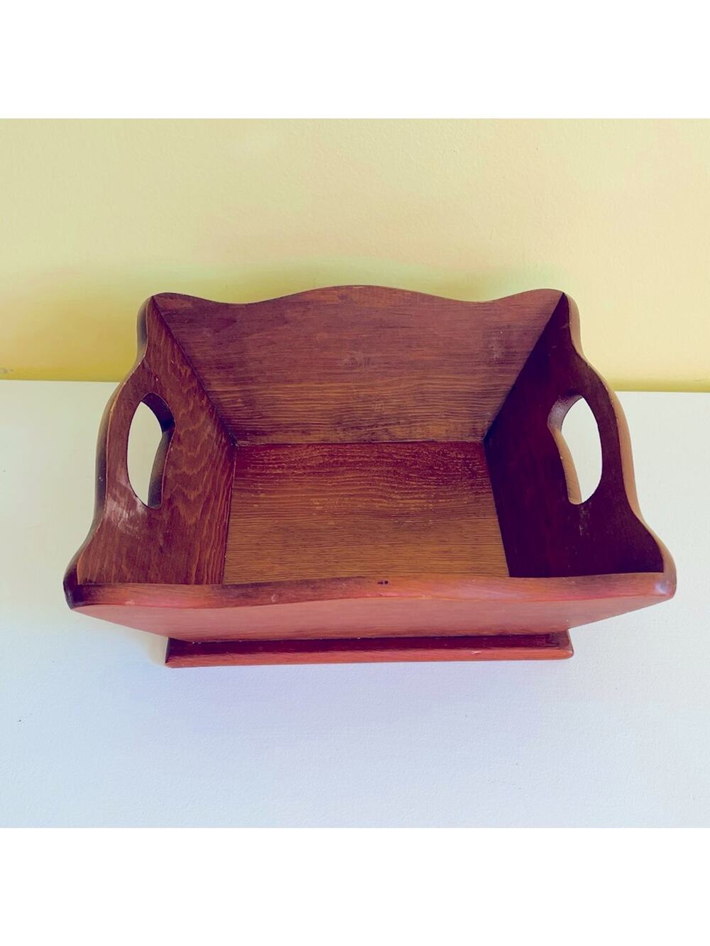 Vtg Handcrafted Wood Bowl Tray Centerpiece Fruit Bread Handle Curved Edge